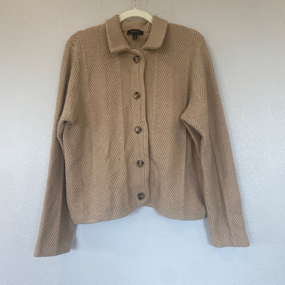 Ann Taylor Tan Chevron Ribbed Button Front Cardigan Sweater XXL Collared Tan